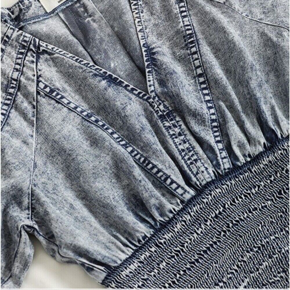 NEW Zenana Acid Wash Smocked Waist Puff Sleeve Denim Style Crop Top Modern Boho‎ - Picture 11 of 16
